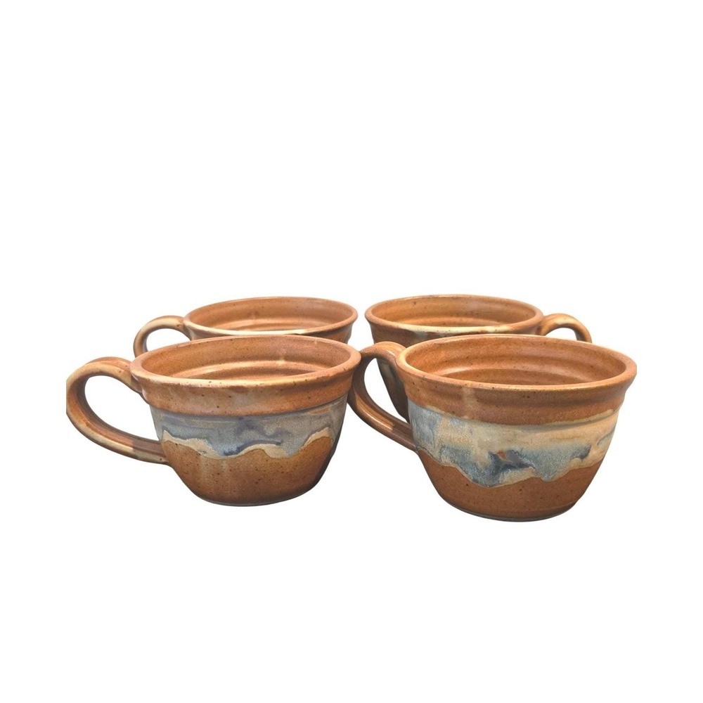 Dirtworks Studio Pottery Mugs Set of 4 Orange Blue Landscape Signed Southwest